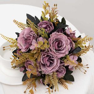 Finto vegetazione floreale seta retrò fiori rose artificiali fai -da -da -te decorazione per la casa autunno decorazione natalizia fatta peonia hydrangea sposa bouquet