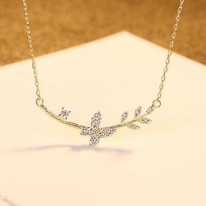 Shiny zircon butterfly olive branch s925 silver pendant necklace luxurious 18k gold plated sexy women collar chain charming necklace jewelry gift