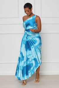 Casual Dresses Chocomist Beach Style Tie-Dye Folds One-Shouder Women Maxi Dress
