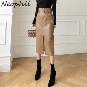 Saias neofilas femininas fivela de lápis Saias lápis com cinto Mulheres vintage Inverno Pu Faux Leather Slim Slim Skirt Midi S21928 230313