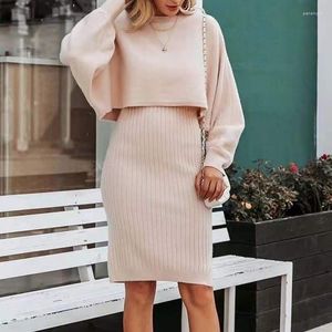 Casual Dresses Women Style Solid Color Long Sleeve Pullover Clothing Autumn Winter Sweater and Sticked Dress Two-Piece Set Female Knitwear