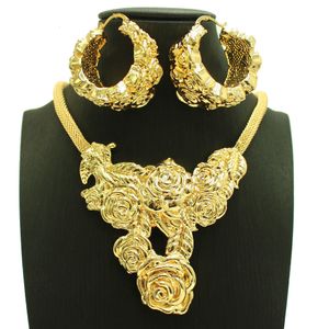 Wedding Jewelry Sets Rose Dubai Gold Plated For Women Brazilian Fashion Necklace Earrings Set Bride Party Gift 230313