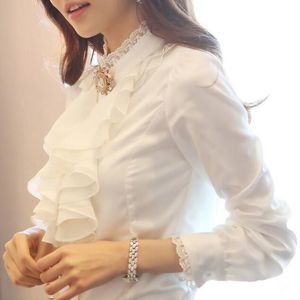 Bluzki damskie koszule kobiety Białe bluzki Ruffle solidne wiosenne koszula z długim rękawem żeńskie szyfonowe ubranie damskie eleganckie ubrania plus 3xl 230311