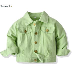 Jackets Top e Top Fashion Spring Spring Autumn Toddler Kids meninos meninas meninas casuais casaco de jeans de botão de botão rasgado de casacos externos 230313