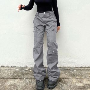 Womens Jeans WeiYao Gray Casual Stitched Pocket Cargo Pants Women Low Waist Vintage Streetwear Korean Fashion Straight Denim Trousers 230313