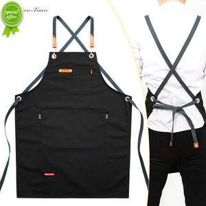 Nuovo 2021 New Fashion Grembiule da lavoro unisex per uomo Tela Grembiule nero Bavaglino regolabile Grembiuli da cucina per donna con tasche per attrezzi