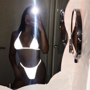 Kadın Mayo Yansıtıcı Bikini Set Yaz Plaj Kadın Seksi Gümüş Parlak Bölünmüş Mayo 230313