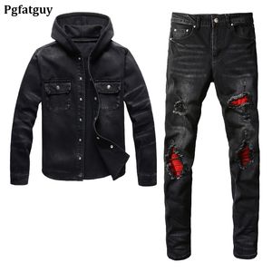 2023 Trailsuit Punk Street Erkekler Siyah Pantolon Setleri Bahar kapşonlu denim ceket ve yırtık yama streç kot pantolonlar vintage 2pcs erkek giyim