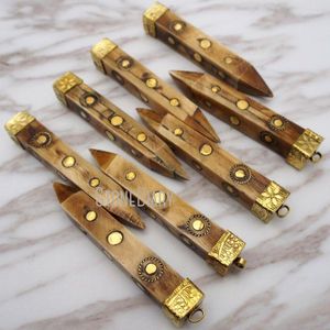 Pendant Necklaces PM9091 Brown Ox Bull Bone Point With Brass Dot Quadrangular Prism Charms Jewelry Gift