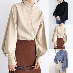 Bloups feminina camisas grandes blusas de manga de lanterna mulher outono inverno de inverno single stand colar camisas de escritório trabalho blusa sólida camisas de blusa vintage 230313