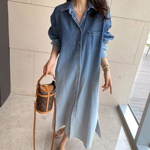 Casual Dresses Turn-Turn Collar Button Denim Dress Shirt Maxi Long Sleeve Vestido de Mujer Vintage Casual Fall Korean Femme Robe Chic 230313