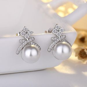 Stud Earrings Classic Female 925 Silver Needle Big Round Pearls Cubic Zirconia Earring Wedding Bridal Crown Jewelry Gift