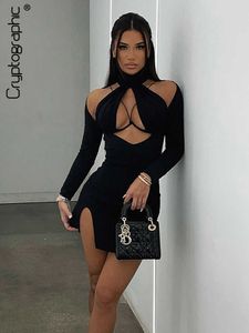 Party Dresses Cryptographic Hot Sexy Cut Out Mini Dress Party Club Outfits For Women Black Long Sleeve Slit Bodycon Dresses Vestido Clothes L230313