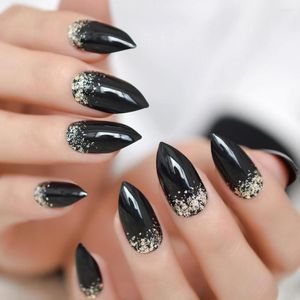 False Nails Classic Black French Stiletto Easy To Wear Bling Glitter Sharp Design 24pcs Press On DIY UV