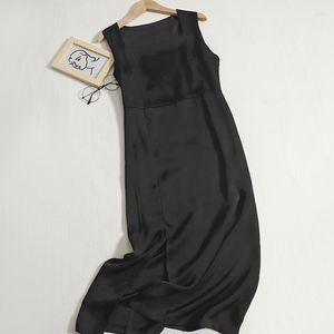 Lässige Kleider im französischen Stil, Vintage-Stil, geteilt, langes Kleid, breiter Schultergurt, ärmellos, quadratischer Ausschnitt, Satin, schmal, für Damen, Sommer, fester Strand