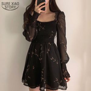 Casual Dresses Spring Womens Sexy Black Dress Vintage Flower Long Puff Sleeve Chiffon Dresses Korean Casual Mini Vestidos Mujer kläder 13676 230311