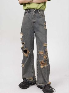 Mäns jeans houzhou oroliga jeans byxor män rippade jeans för män blå denim byxor man rakt hål japanska streetwear hip hop z0301
