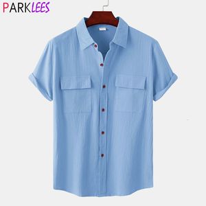 Мужские футболки с двойным карманным хлопчатоводной льняной рубашкой для мужчин лето с коротким рукавом повседневная пуговица рубашек мужские пляжные отдыхающие камисы 230311