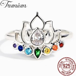 Fedi nuziali Trumium Real 925 Sterling Silver Lotus Flower Boho Rings for Women Simple Trendy Colorful Zircon Wedding Ring Fine Jewelry Gift 230313