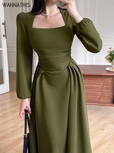 Casual Dresses WannaThis Folds Puff Sleeve Corsets Women Midi Dress Sexy Elegant Bodycon Autumn Elegant Party Casual Lady Long Dress Streetwear 230313