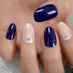 False Nails 28Pcs Oval Fake Dark Blue Gems Deco Short Shiny Nail Tips With Gel Cover French Acrylic Office Wear