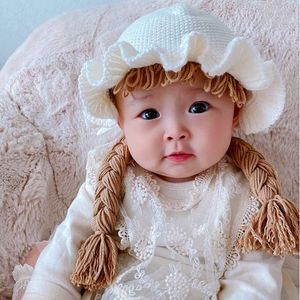 Caps Hats Style Children Baby Girl Bucket Hat Hair Pigtail Braid Wig Cap Winter Warm Knitted Infant Kids Girls Hats Caps Ruffled White 230313