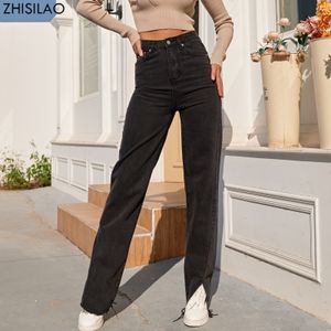 Womens Jeans ZHISILAO Black Straight Women Boyfriend Split Fork Wide Leg Denim Pants Streetwear High Waist Mom 230313