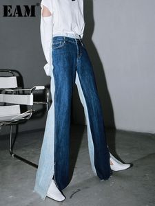 Kvinnors jeans eam blå kontrast färg split fog långa breda ben jeans hög midja lösa kvinnliga byxor mode våren hösten 2023 1t276 230313