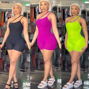 Wholesale Womens Jumpsuits Rib Knitted One Piece Short Pants 2023 New Summer Fashion Solid Color Slim Fit Lean Shoulder Backless Bodysuit Rompers