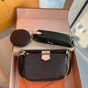 Multi Pochette Accessories Handväska Purse Fashion Clutch Påsar äkta läderbrun blommor axel crossbody väska kvinnor plånbok 3 st.
