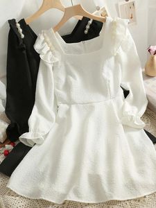 Casual Dresses Autumn Korean Slim High Waist Short Women Long Sleeve White Black Dress Elegant Beading Shoulders Y2k Party Vestidos