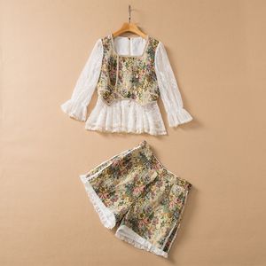 Sommer-Zweiteiler mit kurzen Shorts und 3/4-Ärmeln, quadratischer Ausschnitt, mehrfarbiger Blumendruck, getäfelte Spitze, zweireihiges Oberteil, hohe Taille, 2-teiliges Set 22Q042324ST, XXL