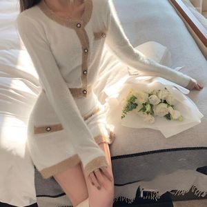 Casual Dresses 2 Piece Dress Set Women Bodycon Sweater Korea Fashion Suits Office Lady Sticke Evening Party 2023 Winter