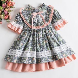 Vestido de menina vestido lolita da menina para bebês criança saia vintage Espanha Retro Court Style Princesa Floral Puff Sleeve Infant Vestidos