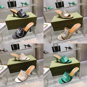 2023 Designer womens outdoors Printed high-heeled Slippers G family luxury sexy 100% leather Black white lake green sandals lady Square peep-toe heels shoes sizes 35-40