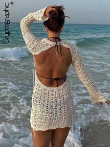 Festklänningar Cryptographic Summer Beach Sexig Backless See Through Hollow Out Mini Dress for Women flare Sleeve Sticked Dresses Elegant Outfits L230313