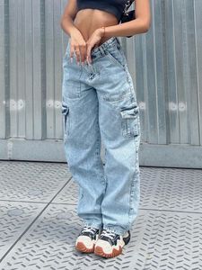 Kvinnors jeans kvinnor hög midja baggy klaffficka sida avslappnad fit rak bred ben last smal streetwear pojkvän byxor 230313