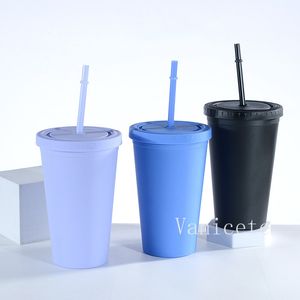 16oz plastic Tumblers colored 10 colors double wall plastics straw cup wide mouth with lid and straws candy color reusable cups T9I002255