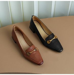 Dress Shoes Ladies Low Block Heels Loafers Soft Closed Toe Classic Black Leather For Female