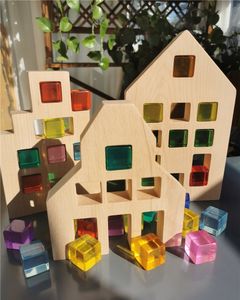 Blocks Kids Montessori Wooden Toys Large Dutch Wood House Big Wall Lucite Cube Creative Education Blocks Birthday Gift 230313