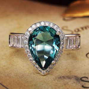 Pear Cut Lab Aquamarine Finger Ring 925 Sterling Silver Party Wedding band Rings for Women Men Promise Engagement Jewelry Gift