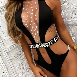 Damenbadebekleidung Frauen Sexy Badeanzug glänzend mit Gürtel Brust DiamondStudded Bikinis Halter Hollow Summer Bather SXL 230313