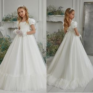 Flickaklänningar Första nattvardsklänning Square Neck -knappar Korta ärmar Robe Lace Up Back Tulle Princess Flower Girls '