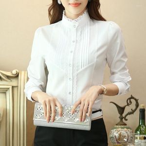 Women's Blouses Spring Chiffon Tops Elegant Lace Bottomed Women Shirt Long Sleeve Stand Collar White Office Lady Blouse Work Button Up