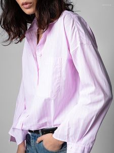 Women's Blouses Spring 2023 Women Turn-Down Collar Cotton Stripes Shirt Ladies Pink Back Letter Rhinestones Single Breasted Blouse Tops