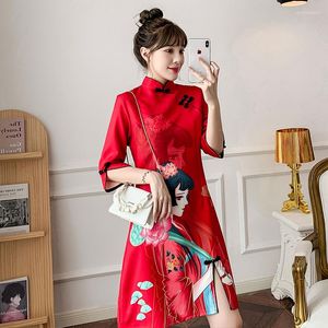 Roupas étnicas Ins Red Blue Loose Moda Moderna Chinesa Cheongsam A-Line Mulheres 3/4 Manga Qipao Roupas Tradicionais