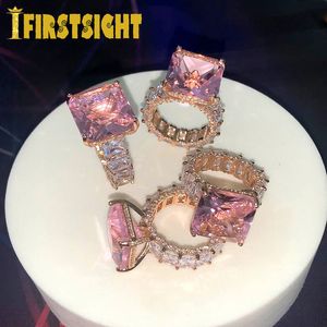 Wedding Rings Iced Out Rose Gold Color Pink CZ Square Ring Big Stone Cut 5A Cz Engagement Wedding Band Rings For Women Men Party Jewelry 230313