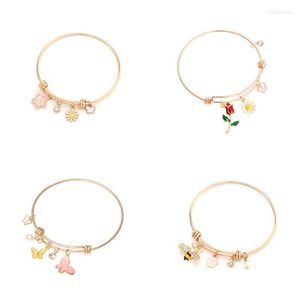 Bangle Butterfly Bee Flower Charm Bracelets & Bangles For Women Cute Crystal Pearl Pendant Expandable Wire Bracelet Kids Gift