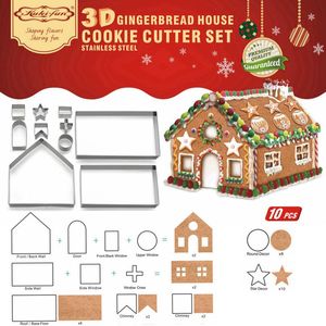 10-Piece 3D Gingerbread House Cookie Cutter Set, Stainless Steel Christmas Scenario Cookie Molds for Baking, Fondant, and Biscuit Cutting
