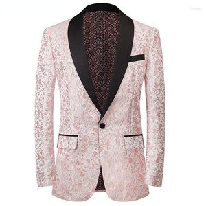 Abiti da uomo Giacca da smoking jacquard floreale rosa Giacca da uomo Collo a scialle Abito con un bottone Giacca da uomo Festa nuziale Sposo Cena Costume Homme